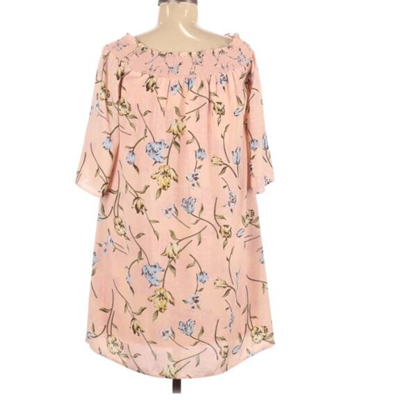 DR2 Pink Floral Off Shoulder Short Sleeve Mini Dress Womens XS Smocked Boho - Picture 2 of 7